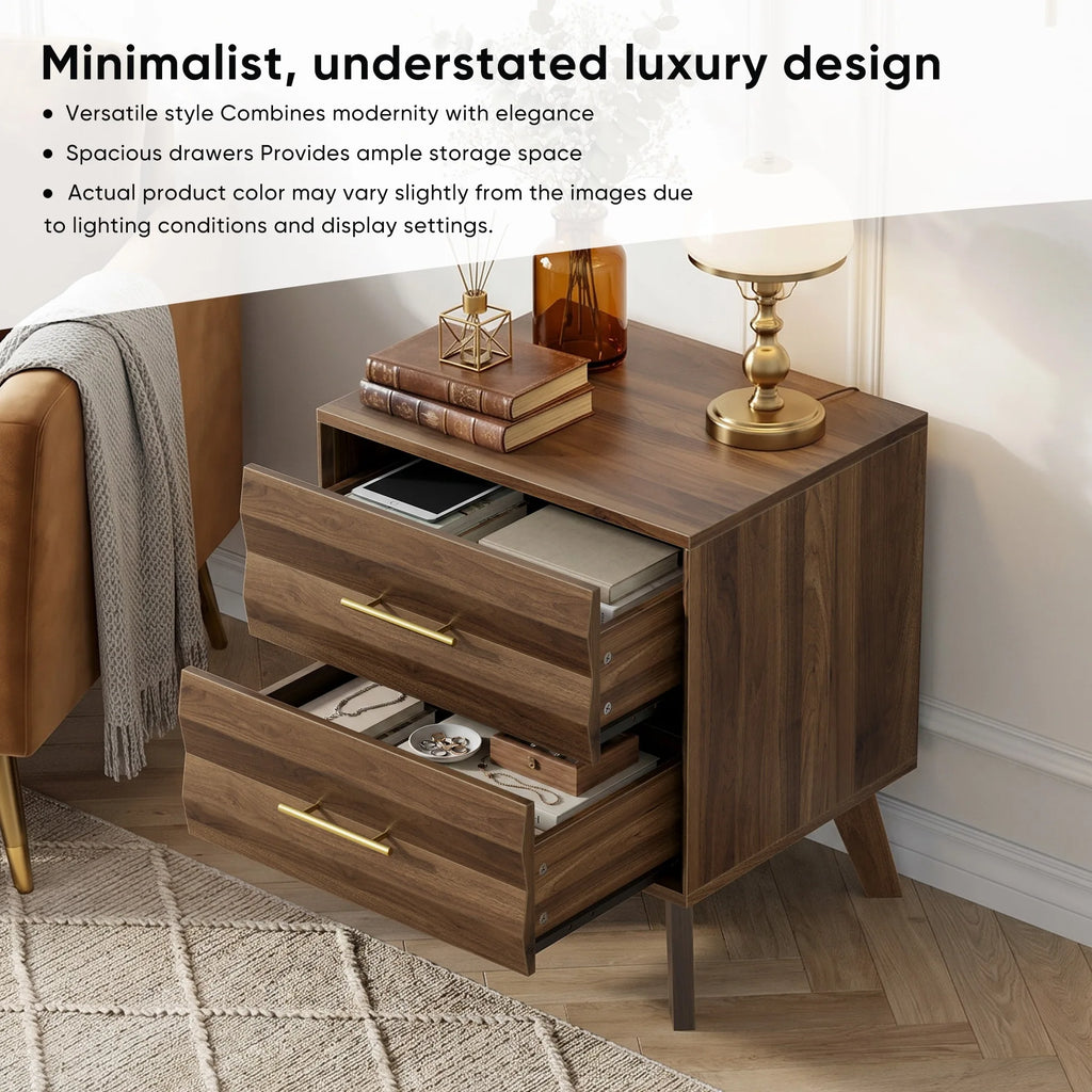 Walnut-colored double drawer bedside table, medieval-style modern bedroom bedside storage cabinet, bedside table with metal hand