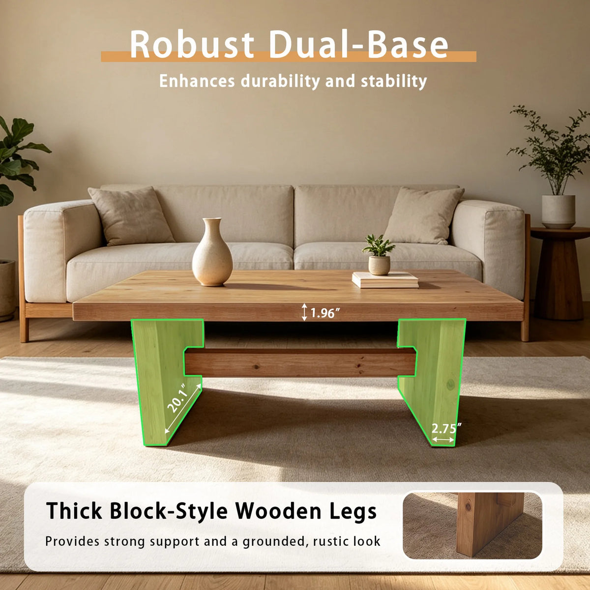 47.24 Inch Coffee table crafted from selected natural solid wood,retaining natural wood grain with warm and rustic wood tones.