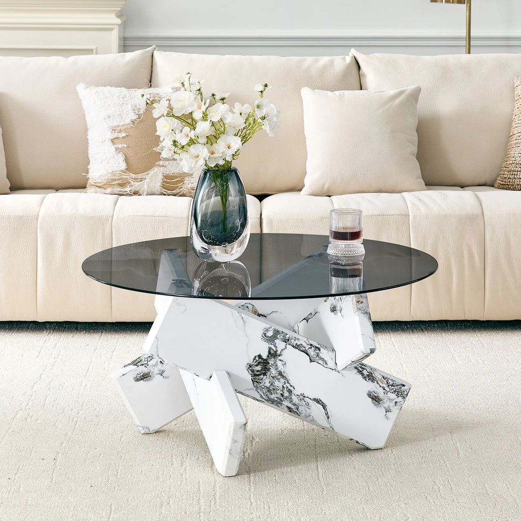 Artistic Cross X-Shaped Round Coffee Table. Smoked Gray Tempered Glass + White Bulgari Marble-Patterned MDF Base, Light Luxury L