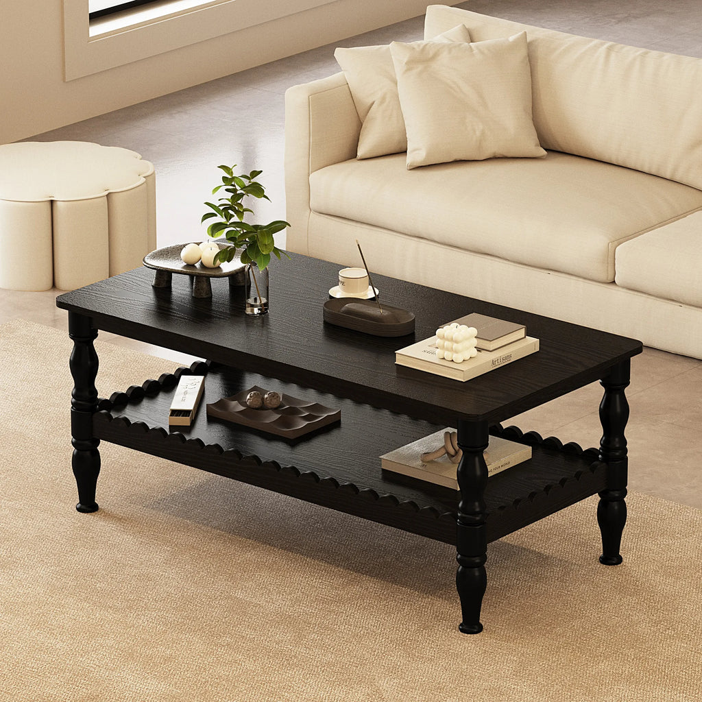 Rectangle Coffee Table Solid Wood Coffee Table with Storage Shelf,Farmhouse 2-Tier Center Table Lacquered Classical Legs,Easy As