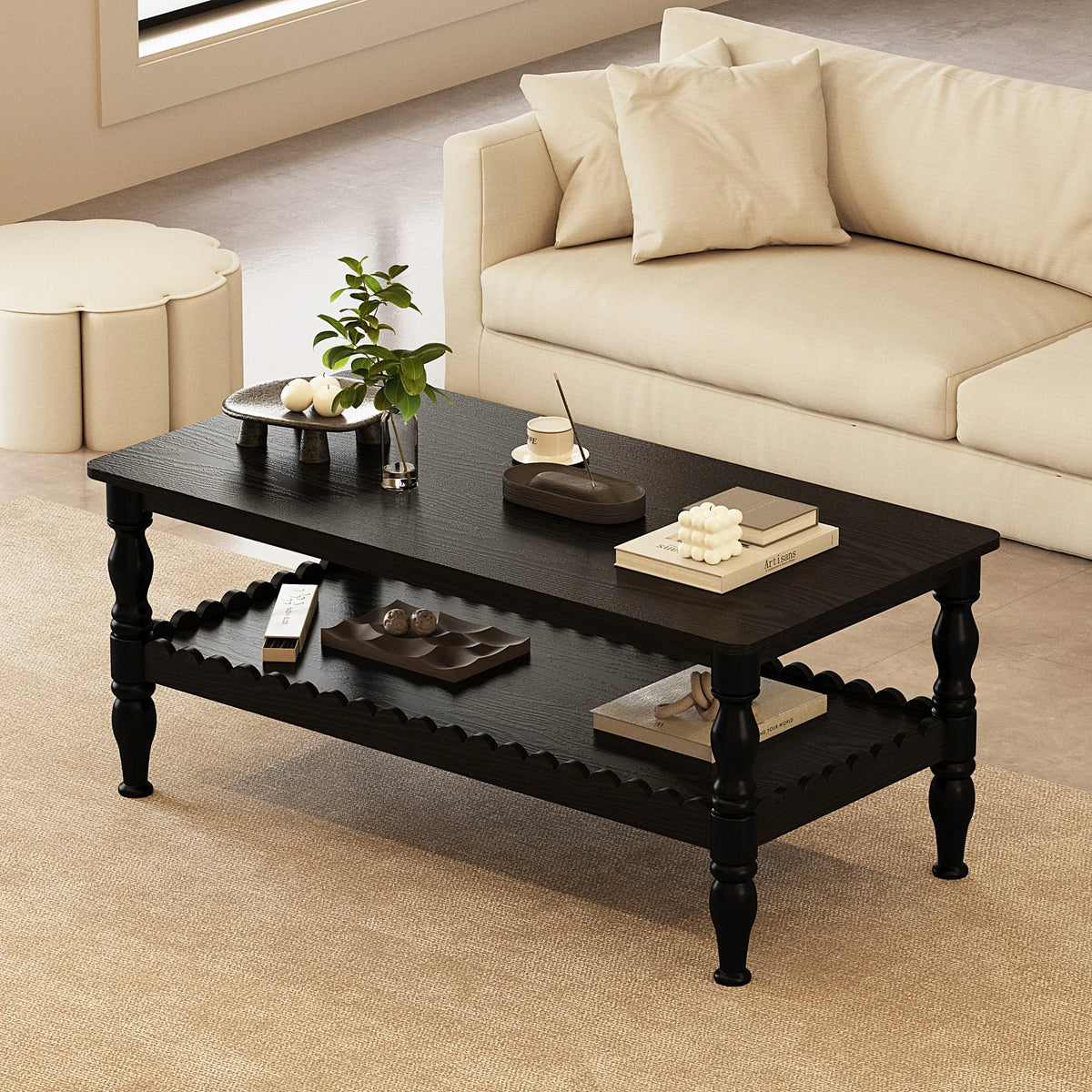 Rectangle Coffee Table Solid Wood Coffee Table with Storage Shelf,Farmhouse 2-Tier Center Table Lacquered Classical Legs,Easy As