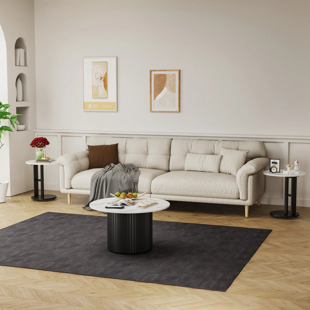 Coffee Table Set of 3, Modern Nesting Coffee Tables with Faux Marble Top and Metal Legs, Round Coffee & Side Tables with Ribbed