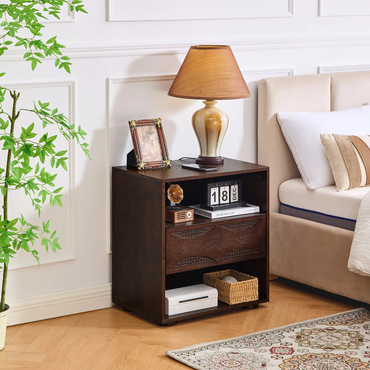 Mid Century Modern Rattan Nightstand with Charging Station USB Ports & Outlet Hole & 4 Solid Wood Bases, Farmhouse End Table wit