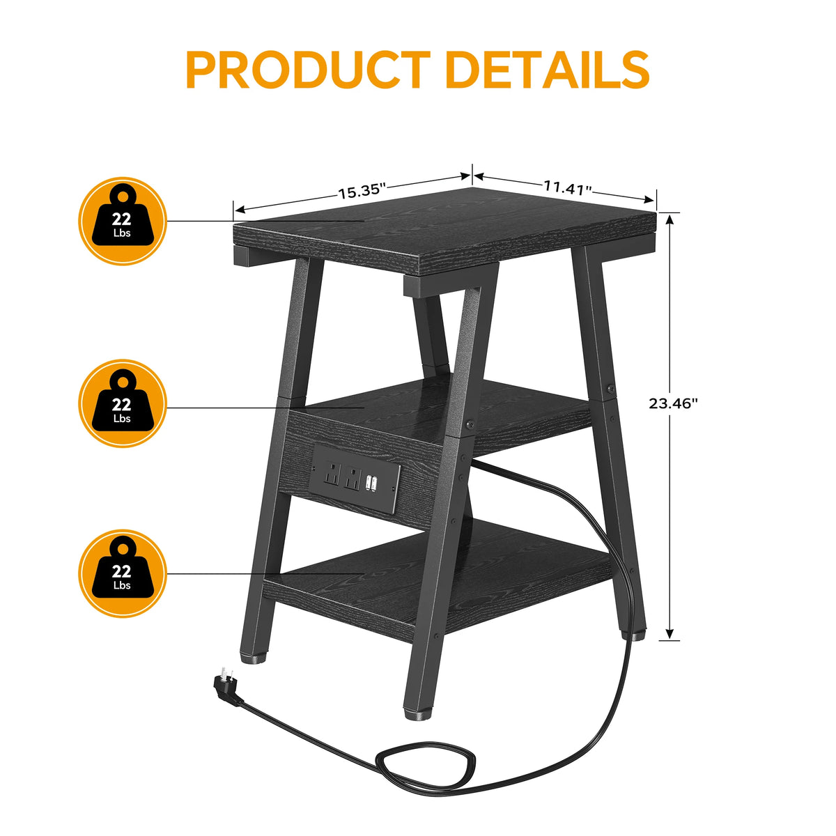 Small Side Tables with Lucky 7 Metal Shape, End Table with Charging Station, 3-Tier Nightstand with Outlets and USB Ports