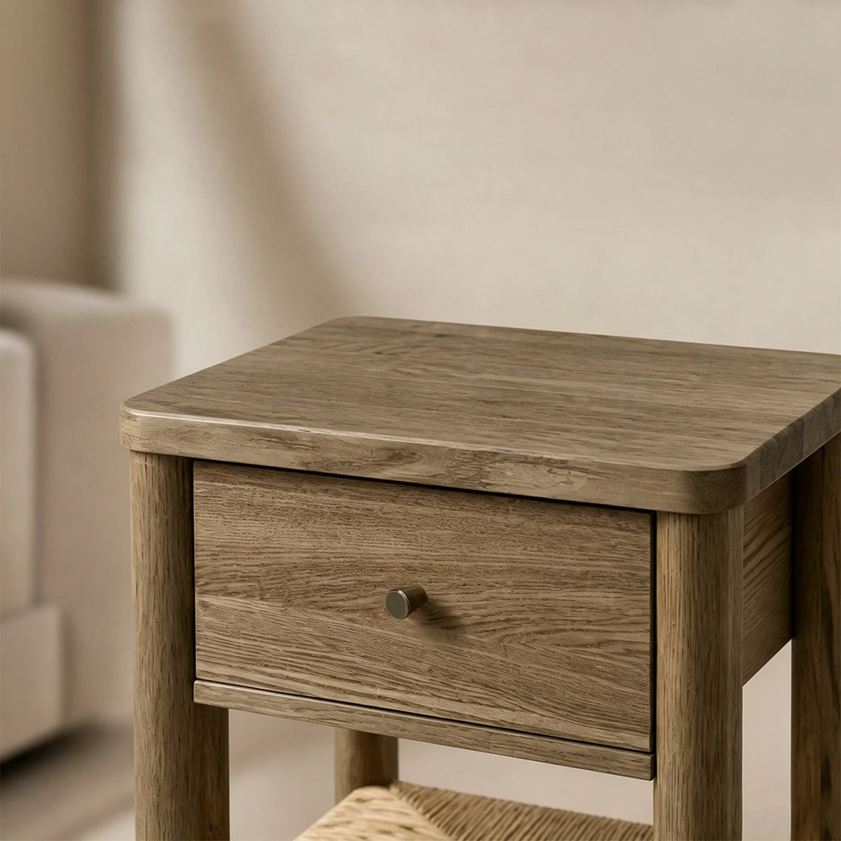 Antique Grey Ainsley Nightstand Side End Table with Rounded Edge Tabletop, Solid Wood Round Legs, Woven Jute Storage Shelf & Dra