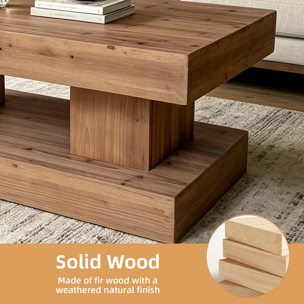 47.24 InchNatural solid wood coffee table with thick top and double pillar base. Classic rustic & minimalist style, sturdy and p