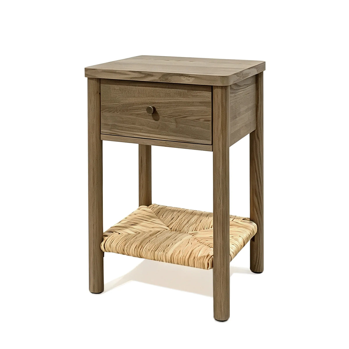 Antique Grey Ainsley Nightstand Side End Table with Rounded Edge Tabletop, Solid Wood Round Legs, Woven Jute Storage Shelf & Dra