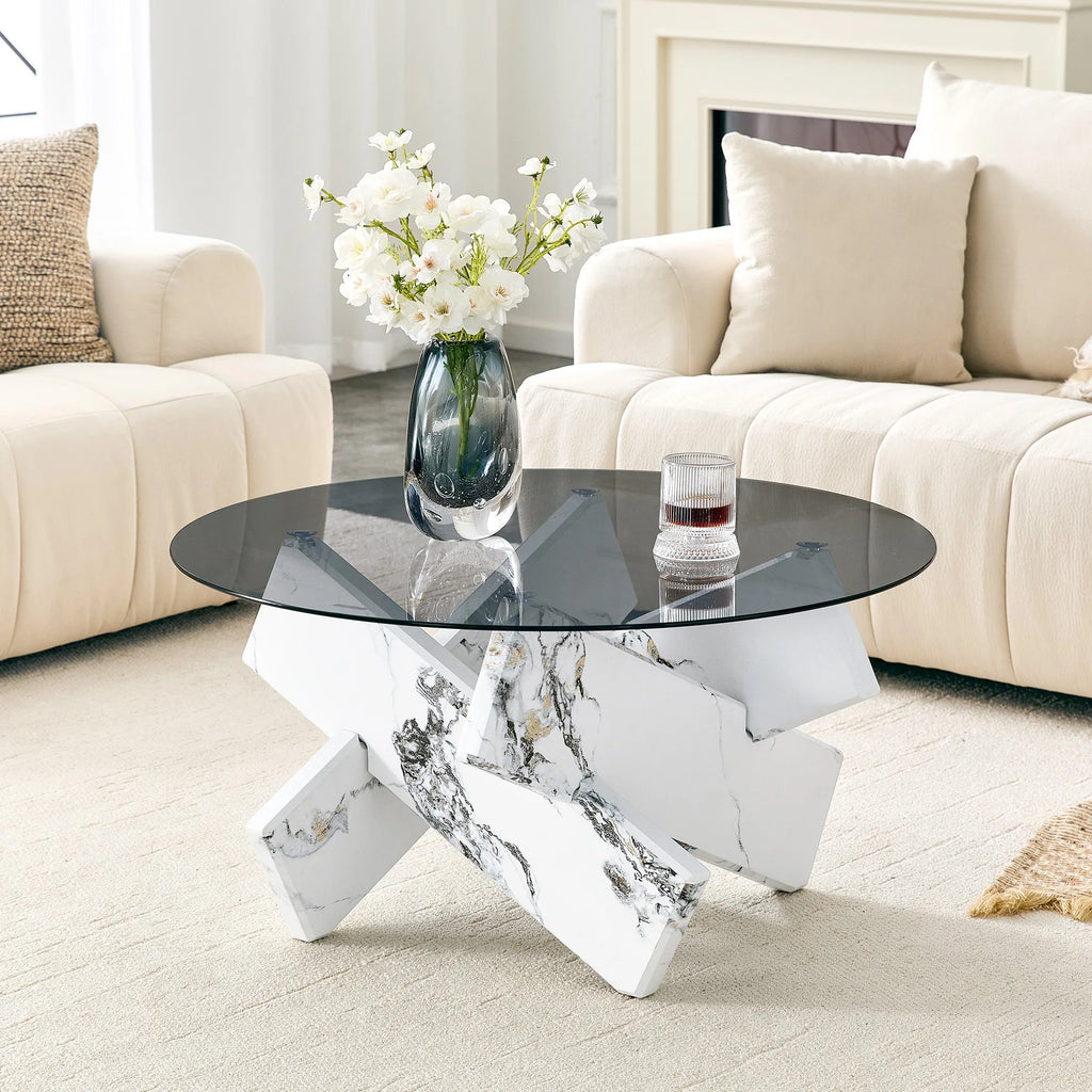 Artistic Cross X-Shaped Round Coffee Table. Smoked Gray Tempered Glass + White Bulgari Marble-Patterned MDF Base, Light Luxury L