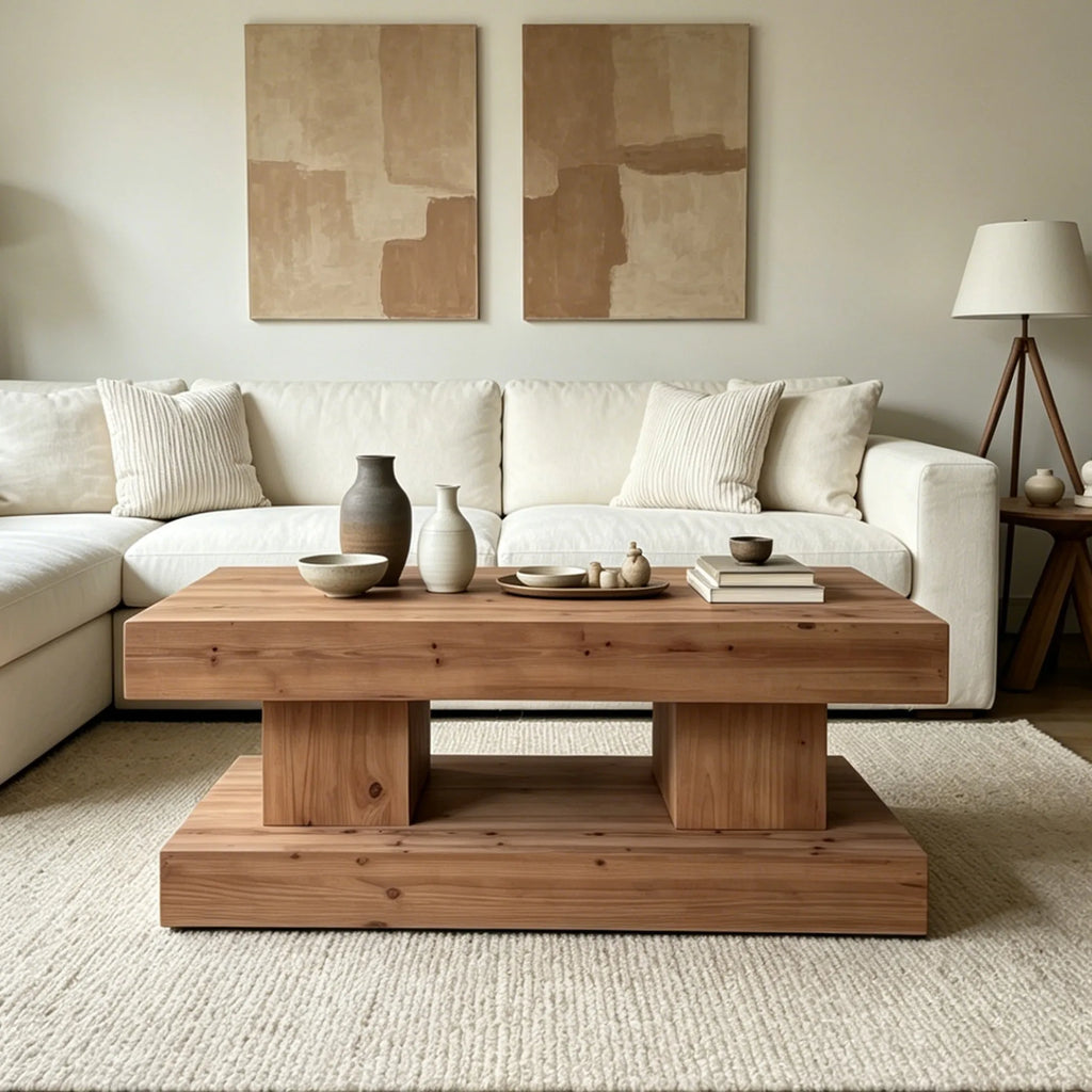 47.24 InchNatural solid wood coffee table with thick top and double pillar base. Classic rustic & minimalist style, sturdy and p