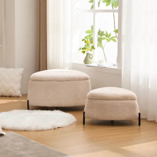 M Modern Durable 2-Piece Faux Fur Fabric Upholstered Storage Ottoman Set with Metal Legs Coffee Side Table Shoe Changing Stool