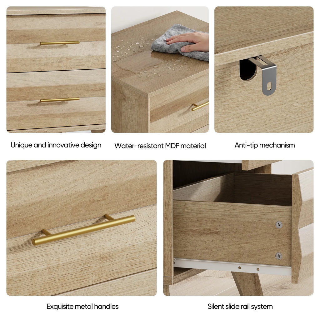 Oak-colored double drawer bedside table, medieval-style modern bedroom bedside storage cabinet, bedside table with metal handles
