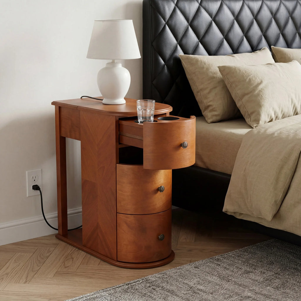 Modern End Table with Hidden Cup Holder Drawer, Charging Station & Pull-Out Side Table, Wooden Bedside Table with 2 Storage Draw