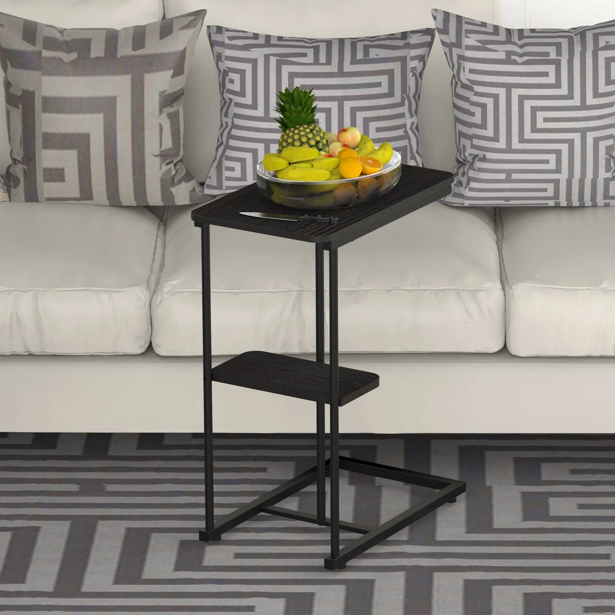 C Side Table,Natural Bed Sofa Snack End Table with Storage Basket,Portablle Laptop Holder Snack Table,Sofa Side Table,Wood Look