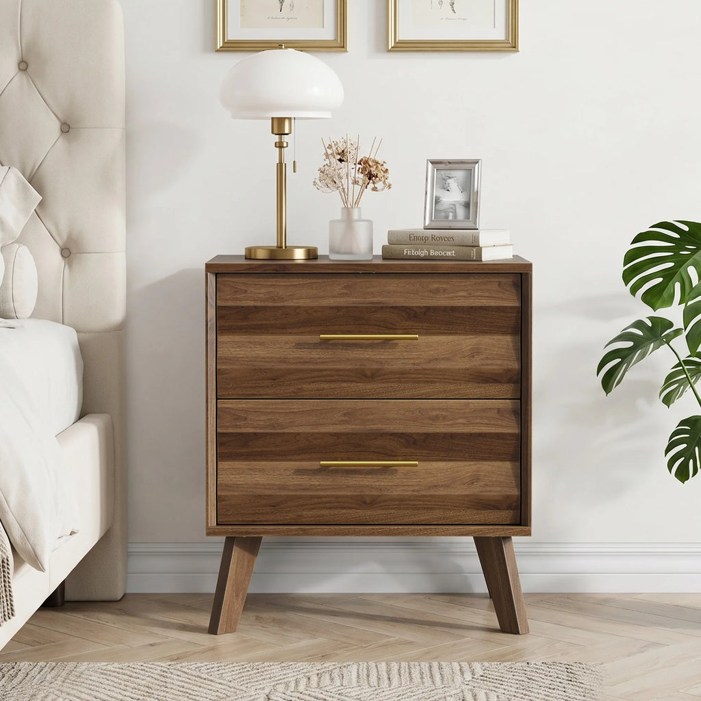 Walnut-colored double drawer bedside table, medieval-style modern bedroom bedside storage cabinet, bedside table with metal hand
