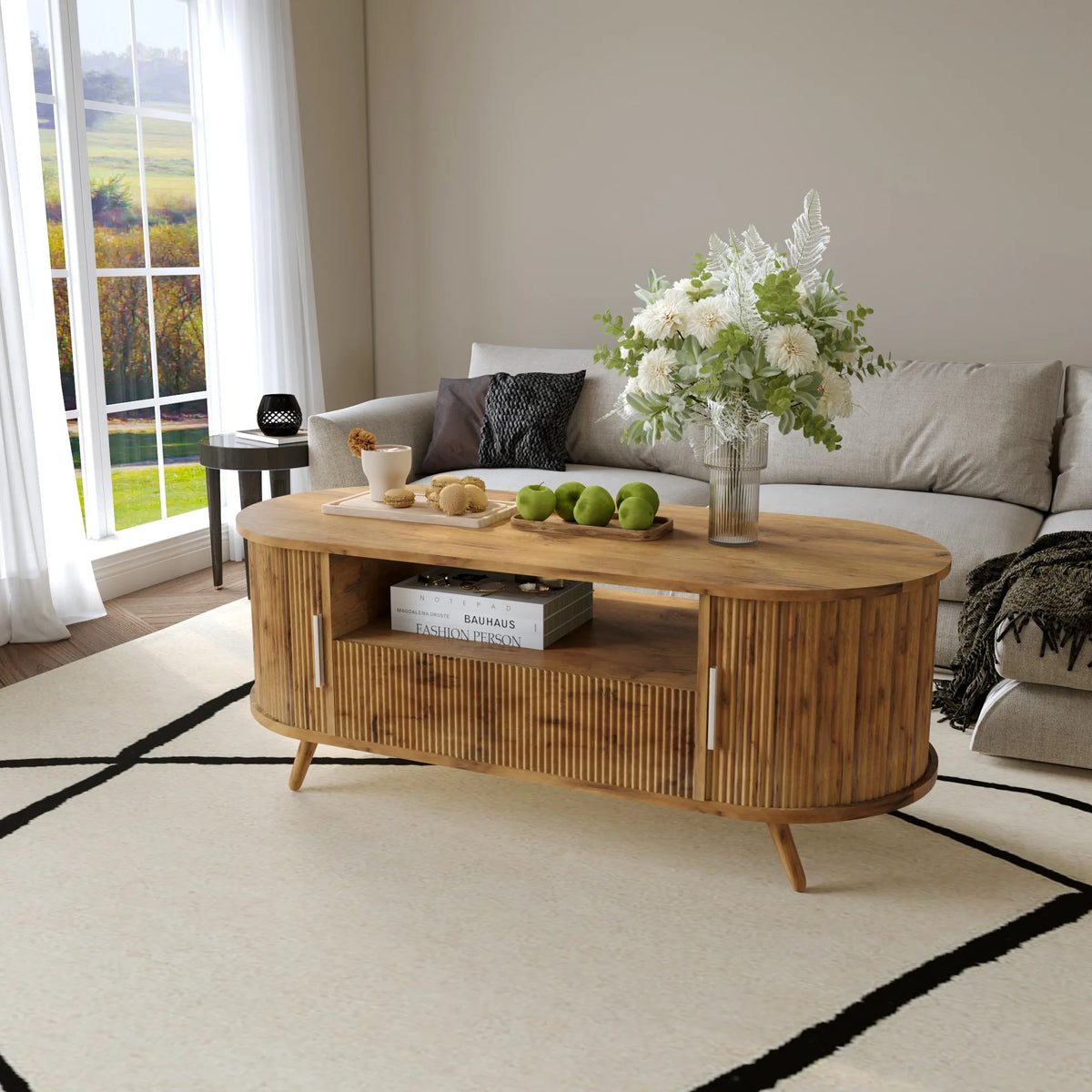 DFW 45.27 Inch Oval Coffee Table with Storage, AlsoCan be used as TV standMid Century Modern Coffee Table with Drawer, Center Ta