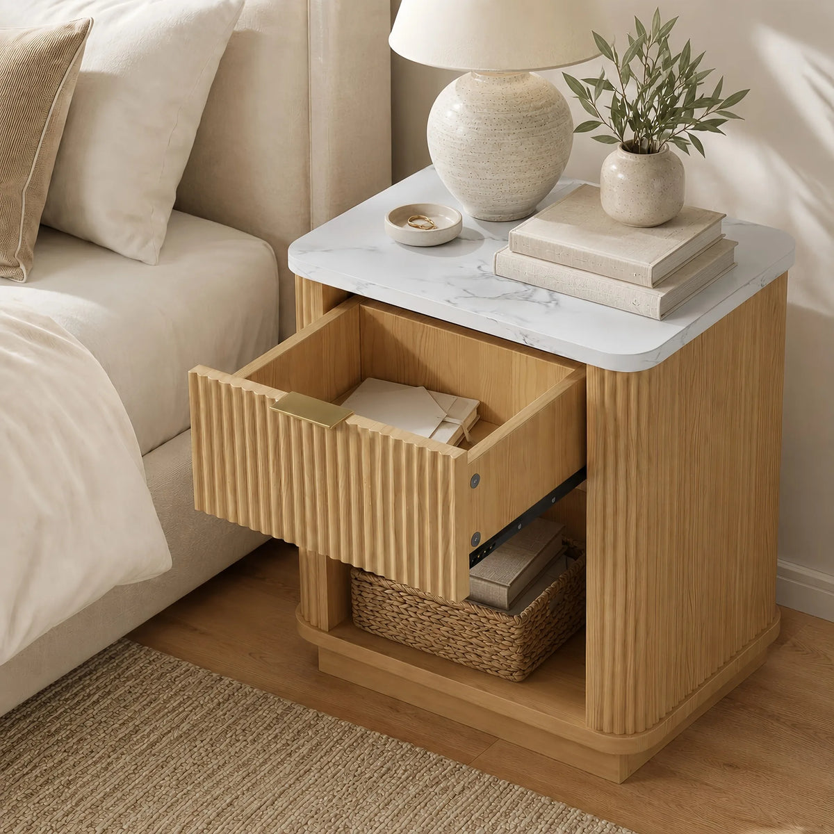 Nightstands Set of 2,Natural Wood Finish Fluted Nightstand with Storage Drawer and Open Shelf, Faux Marble-Look Top, Gold-Tone H