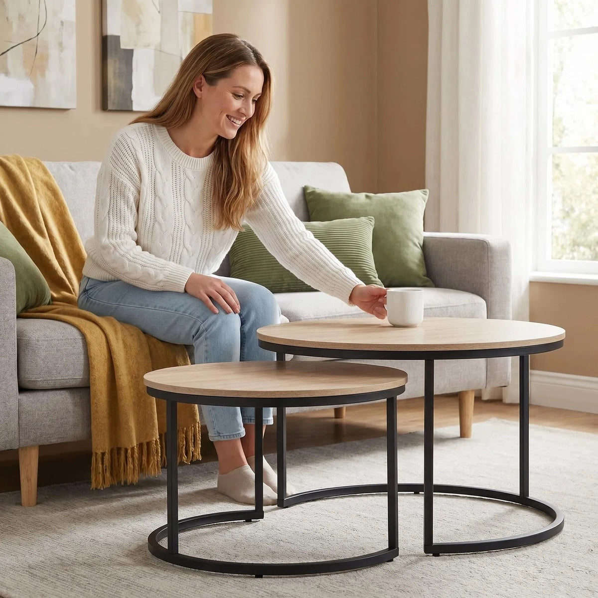 31.5-inch Round Nesting Table set of 2, Accent Coffee Table, Natural Oak Wood Finish, Space-Saving, Modern Industrial Style