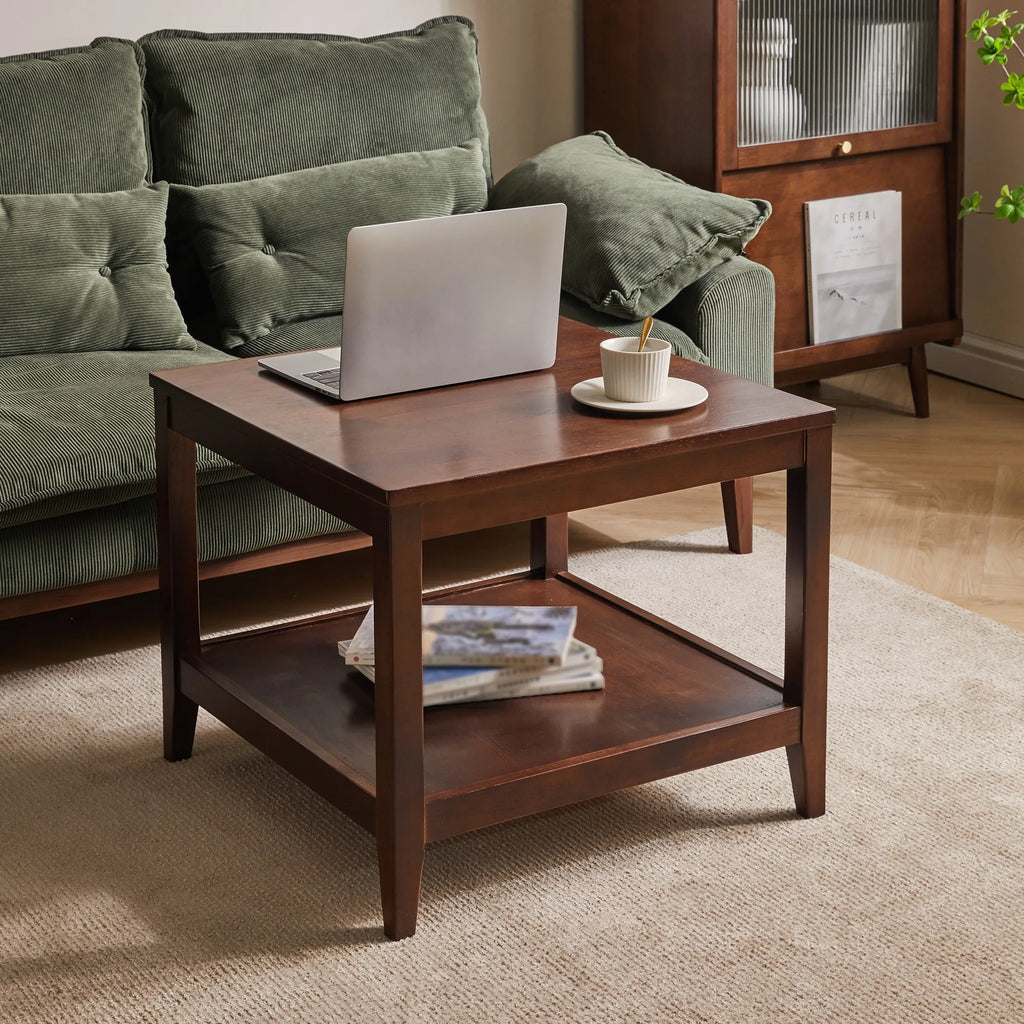 Solid Wood End Table, 2-Tier Square Side Table with Storage Shelf, Wooden Nightstand for Living Room Bedroom, Small Coffee Table