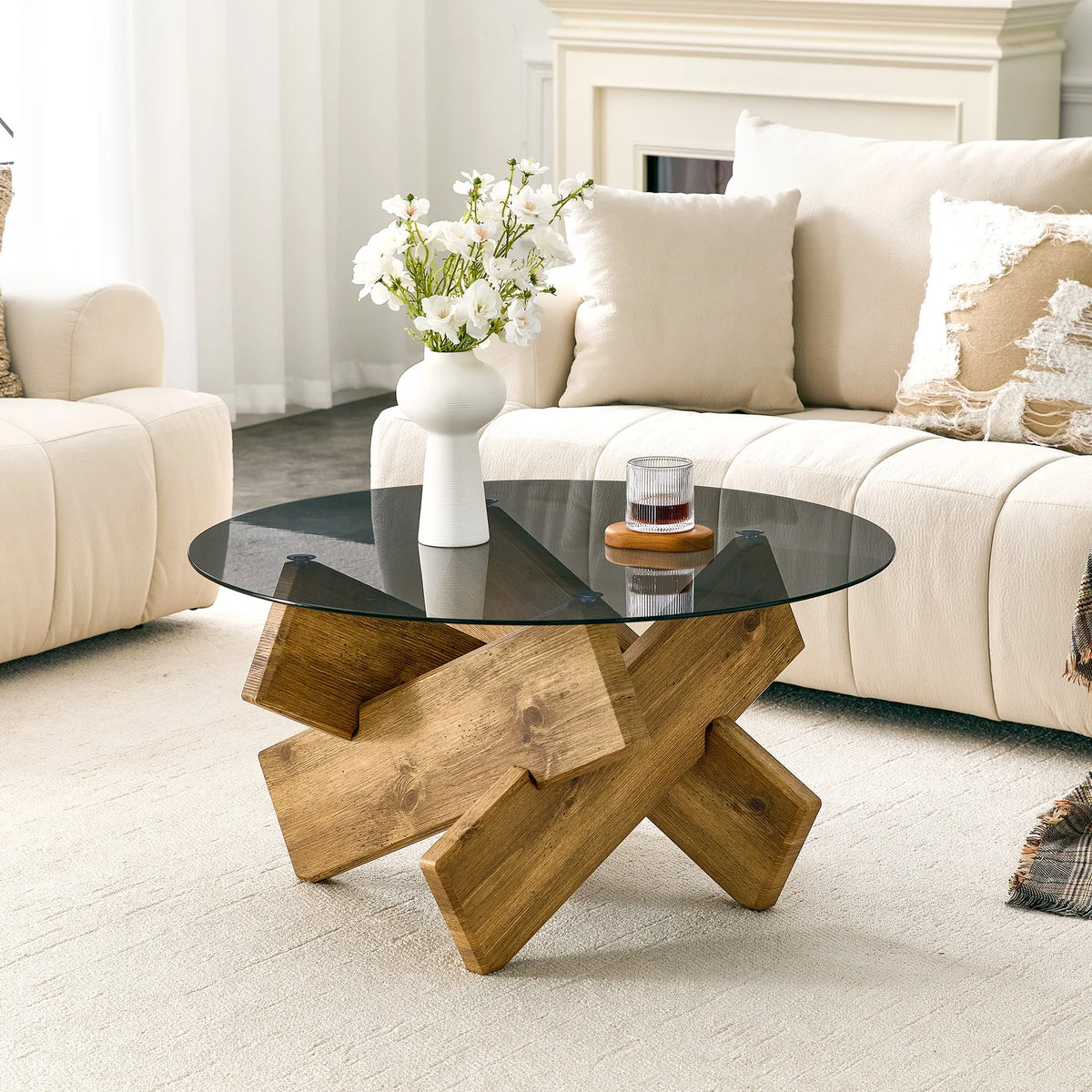 Artistic Cross-Style Round Coffee Table.Smoked Gray Tempered Glass + Wood-Patterned MDF Base, Mid-Century Modern Living Room Cof