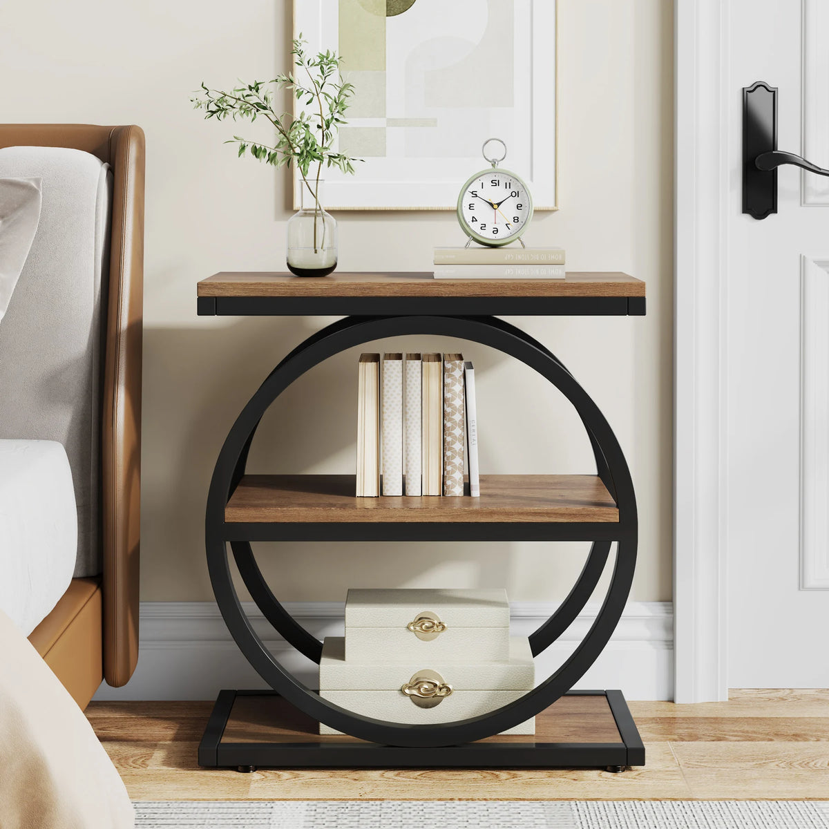 Tribesigns Side End Table with 3 Storage Shelves, Industrial Sofa Table with Round Metal Frame for Living Room
