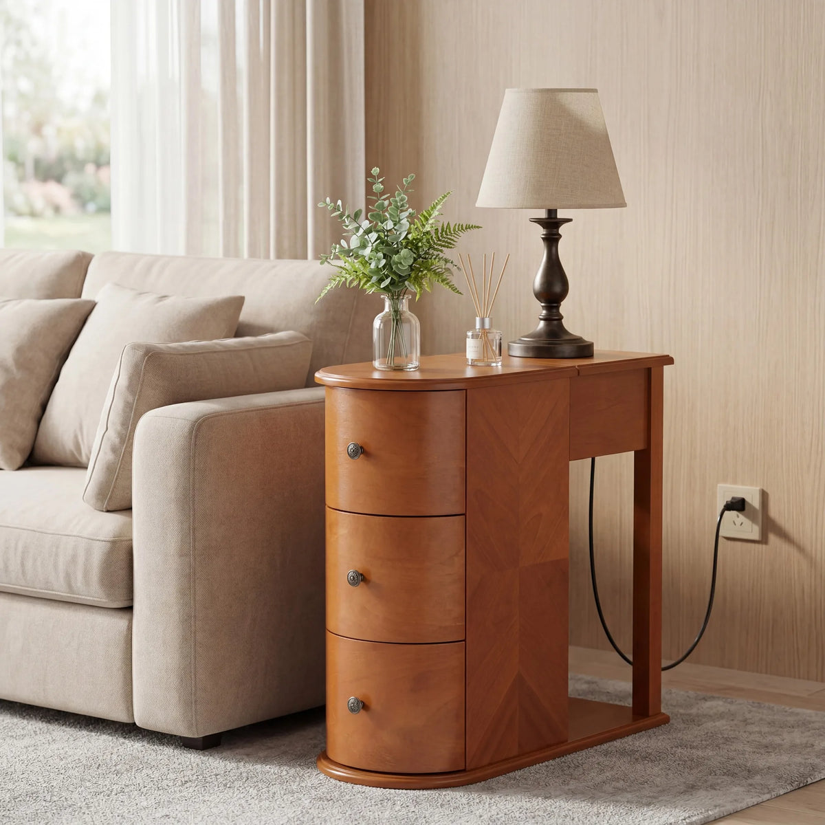 Modern End Table with Hidden Cup Holder Drawer, Charging Station & Pull-Out Side Table, Wooden Bedside Table with 2 Storage Draw