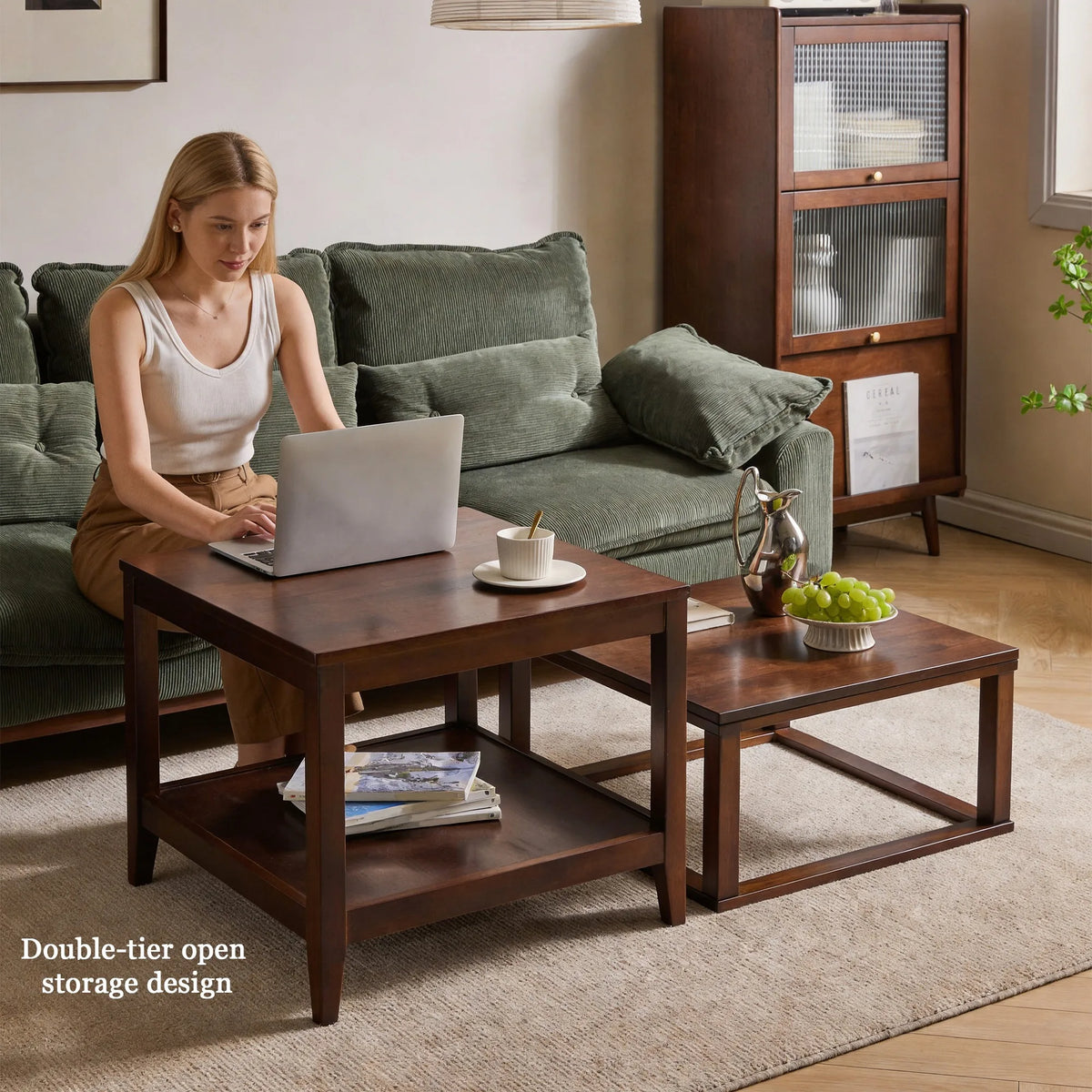 Solid Wood End Table, 2-Tier Square Side Table with Storage Shelf, Wooden Nightstand for Living Room Bedroom, Small Coffee Table