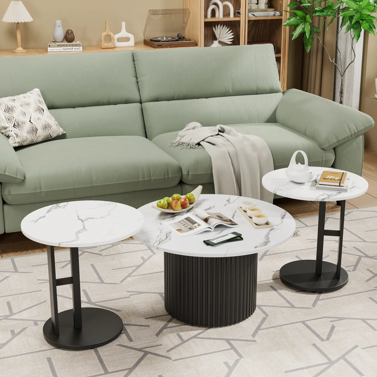 Coffee Table Set of 3, Modern Nesting Coffee Tables with Faux Marble Top and Metal Legs, Round Coffee & Side Tables with Ribbed