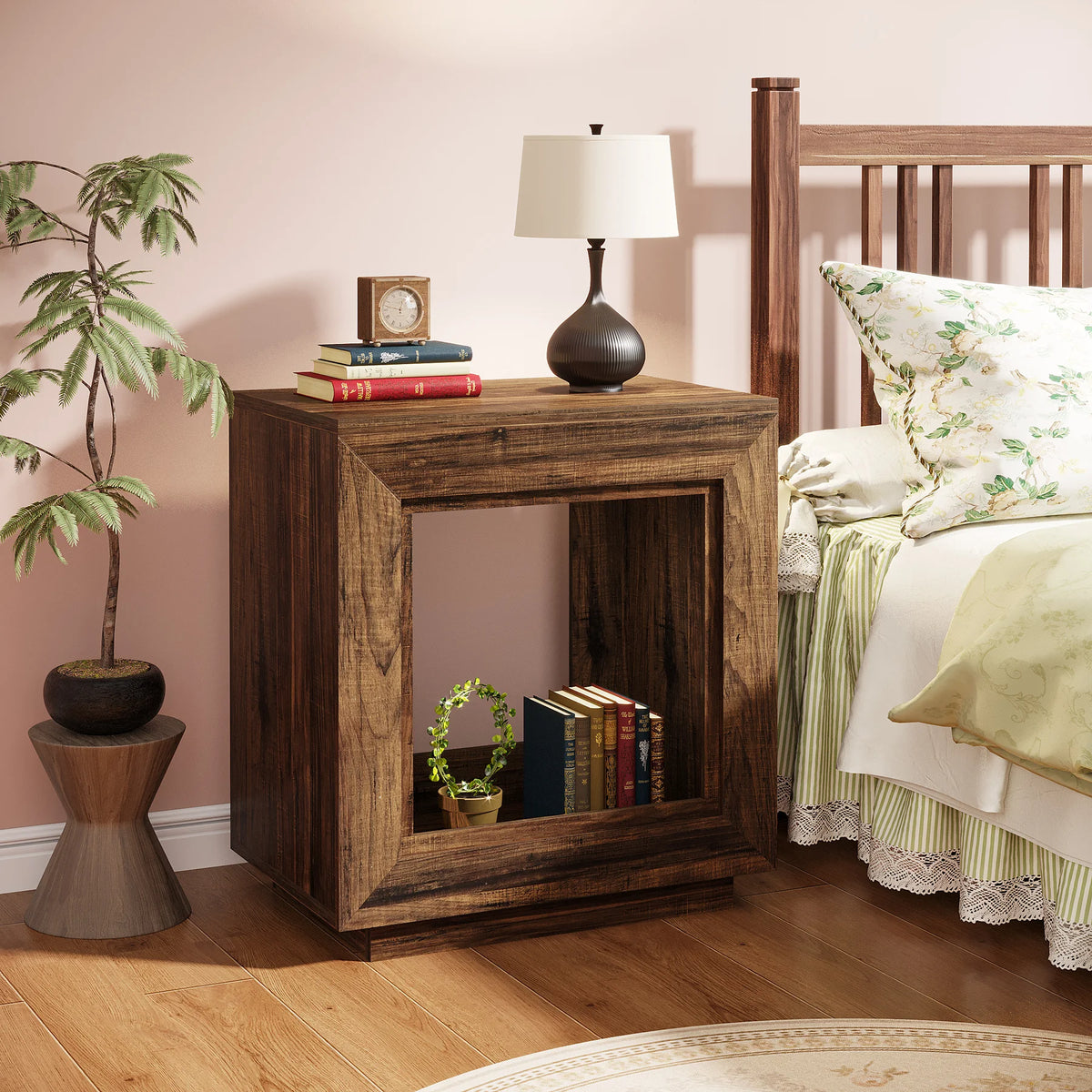 Tribesigns Brown End Table, 24" Side Table with Storage Shelf, Farmhouse Style Nightstand Bedside Table for Small Spaces