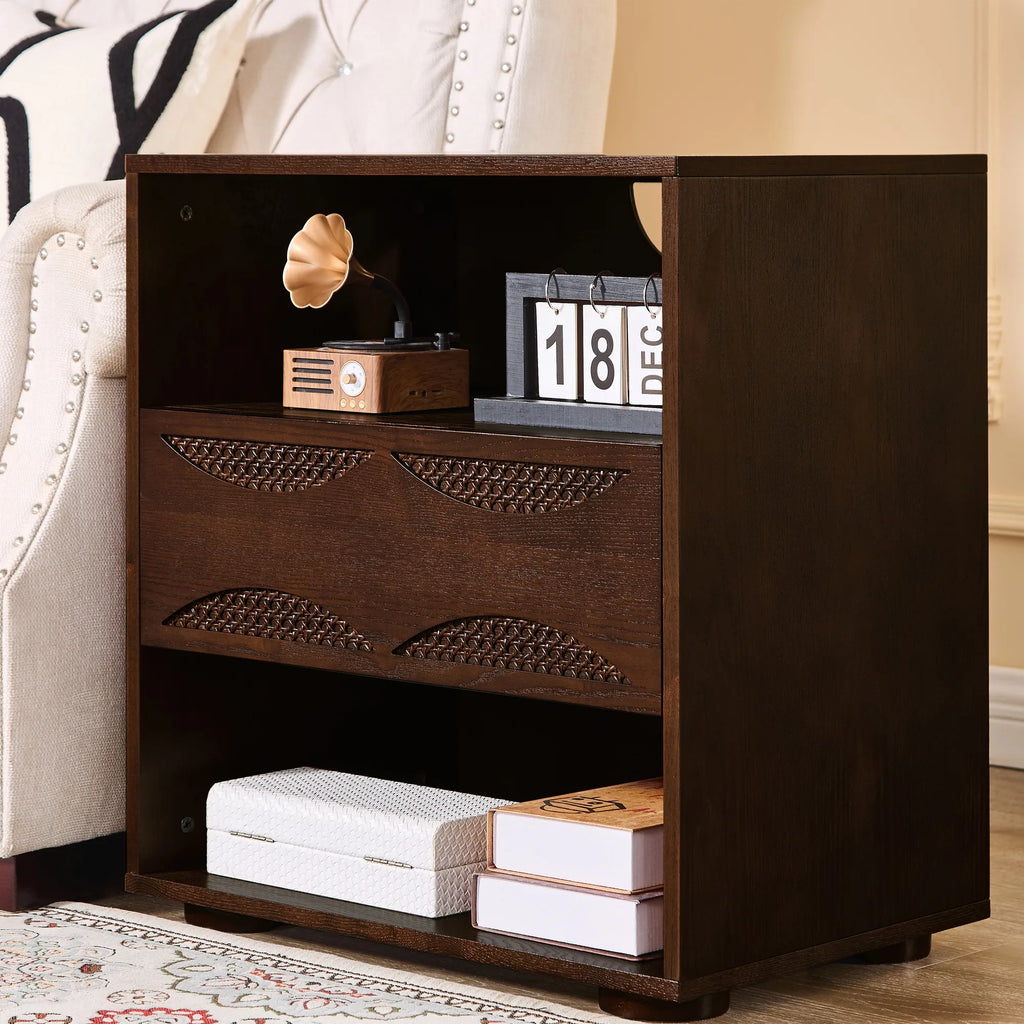 Mid Century Modern Rattan Nightstand with Charging Station USB Ports & Outlet Hole & 4 Solid Wood Bases, Farmhouse End Table wit