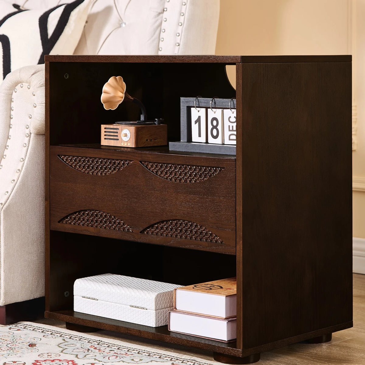 Mid Century Modern Rattan Nightstand with Charging Station USB Ports & Outlet Hole & 4 Solid Wood Bases, Farmhouse End Table wit