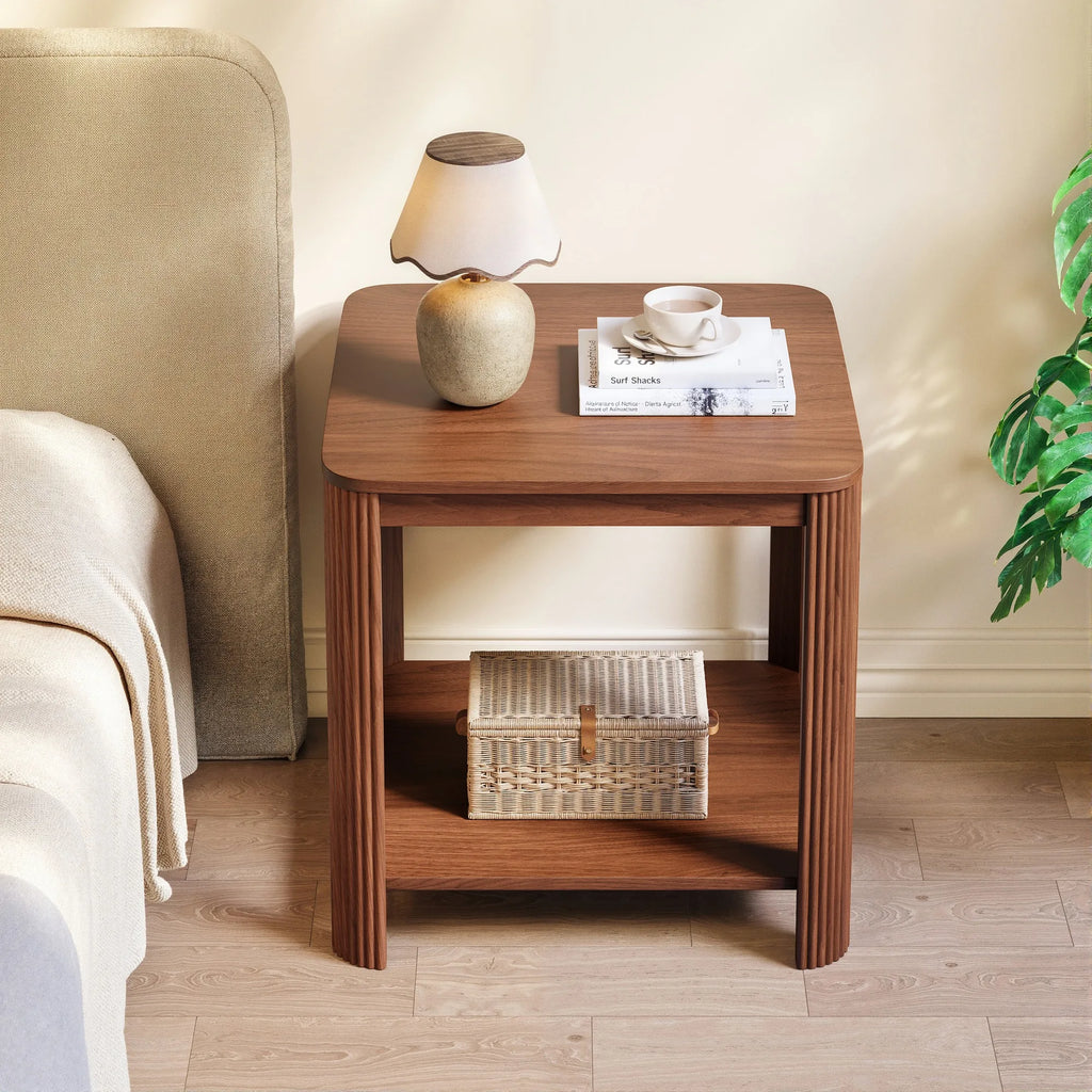 Rounded Corner End Table with Vertical Wave Grain Legs, 2-Tier Boho Side Table, 22.1 Inch Square Nightstand for Small Spaces, fo