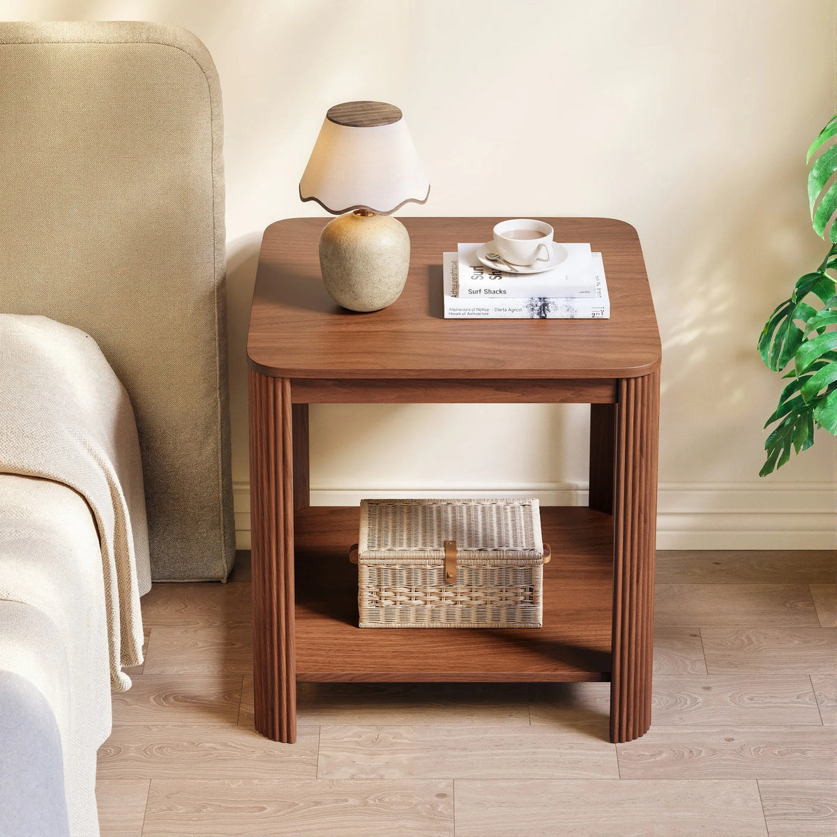 Rounded Corner End Table with Vertical Wave Grain Legs, 2-Tier Boho Side Table, 22.1 Inch Square Nightstand for Small Spaces, fo