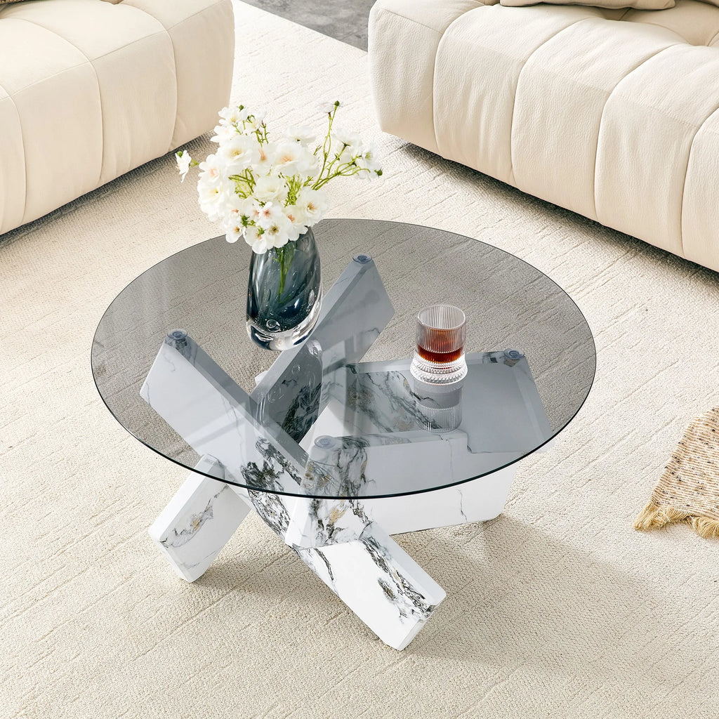 Artistic Cross X-Shaped Round Coffee Table. Smoked Gray Tempered Glass + White Bulgari Marble-Patterned MDF Base, Light Luxury L