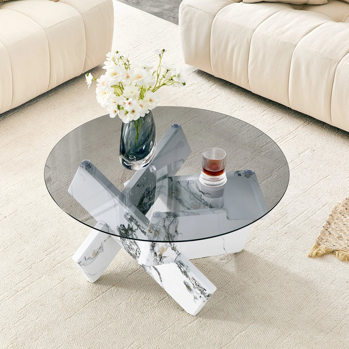 Artistic Cross X-Shaped Round Coffee Table. Smoked Gray Tempered Glass + White Bulgari Marble-Patterned MDF Base, Light Luxury L