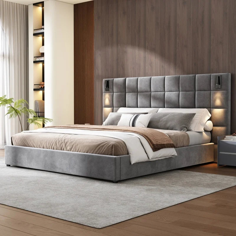 Wide-Headboard Bed with Reading Lights