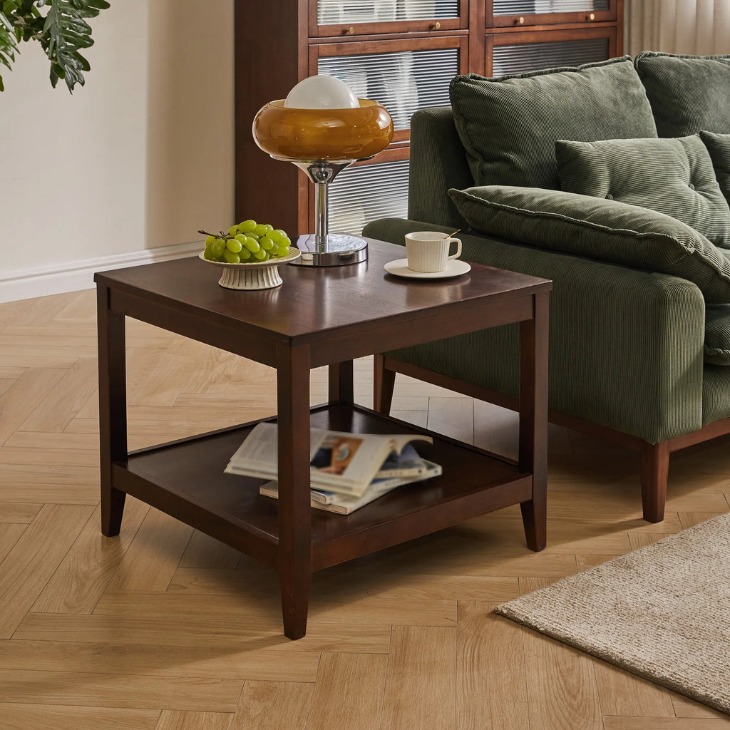 Solid Wood End Table, 2-Tier Square Side Table with Storage Shelf, Wooden Nightstand for Living Room Bedroom, Small Coffee Table
