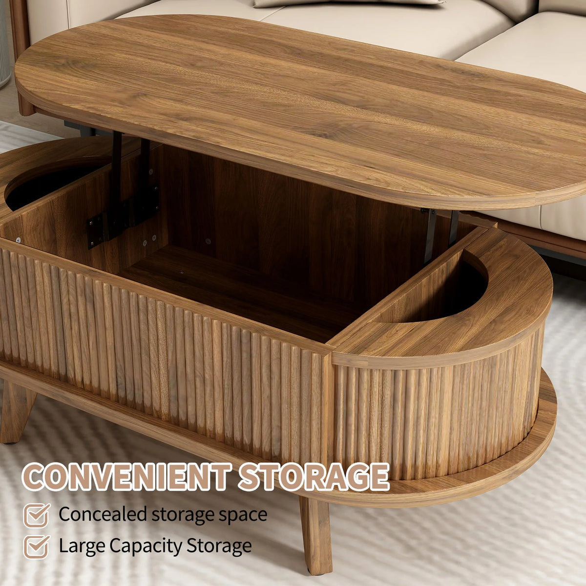 Fluted Lift Top Coffee Table with Hidden Compartment, Wooden Center Table, Modern Oval Lift Tabletop for Home Living Room Office