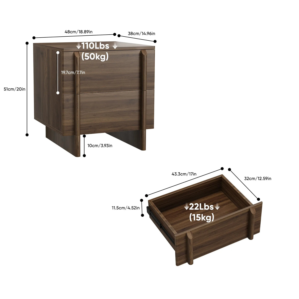 Minimalist walnut-colored nightstand, two-drawer bedside storage cabinet with rounded corners; suitable for bedrooms, living roo