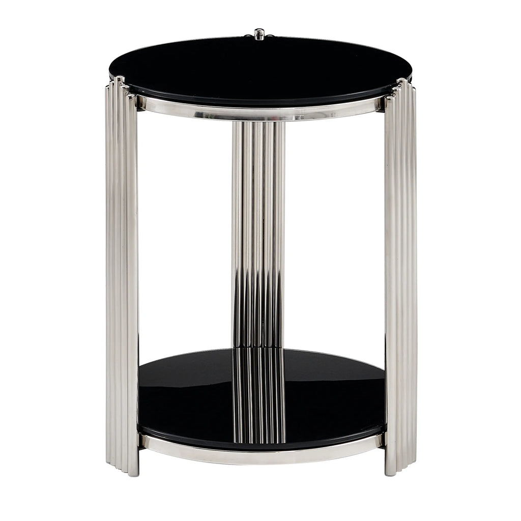 16.90 Inch Modern End Table, Bedside Table,Double-Layer Tempered Black Glass & Silver Stainless Steel Frame Living Room Table, R
