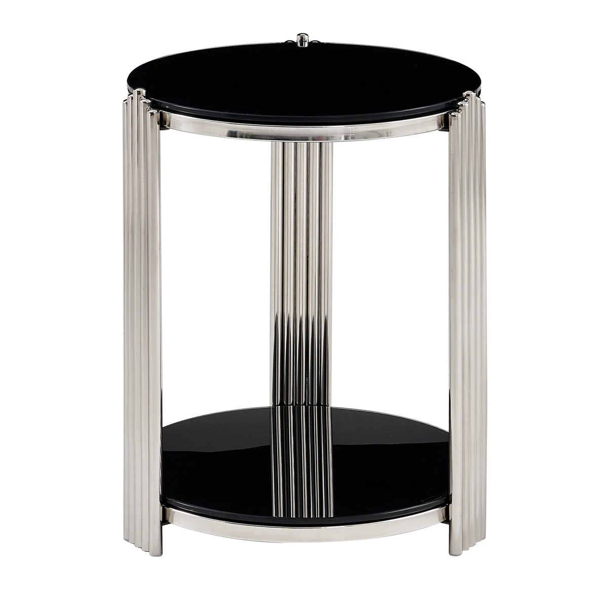 16.90 Inch Modern End Table, Bedside Table,Double-Layer Tempered Black Glass & Silver Stainless Steel Frame Living Room Table, R
