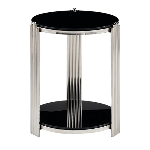 16.90 Inch Modern End Table, Bedside Table,Double-Layer Tempered Black Glass & Silver Stainless Steel Frame Living Room Table, R