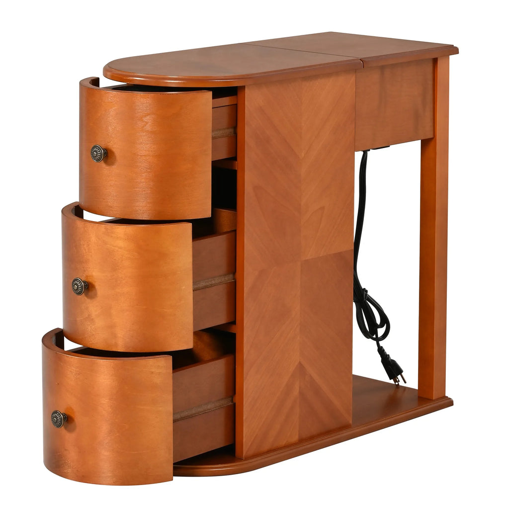 Modern End Table with Hidden Cup Holder Drawer, Charging Station & Pull-Out Side Table, Wooden Bedside Table with 2 Storage Draw
