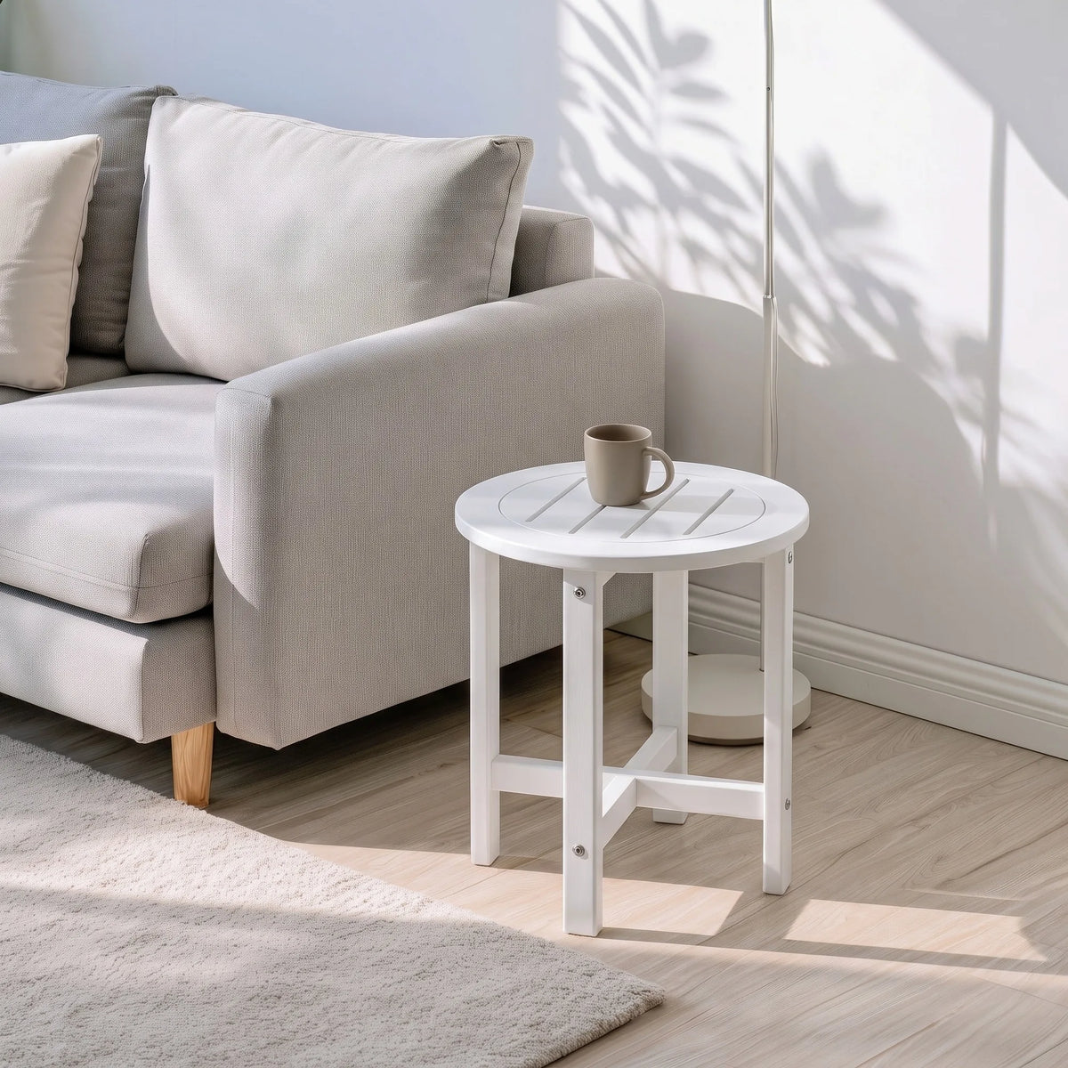 16-Inch White Round HDPE Side Table, Modern Moisture-Resistant End Table for Bathroom, Bedroom and Living Room