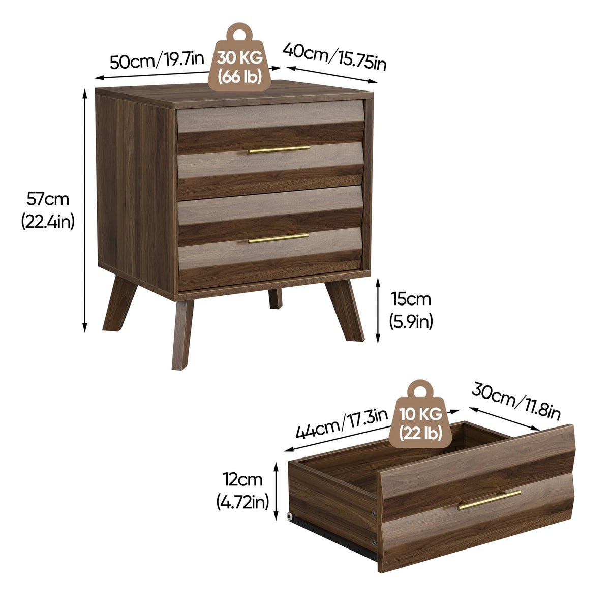 Walnut-colored double drawer bedside table, medieval-style modern bedroom bedside storage cabinet, bedside table with metal hand