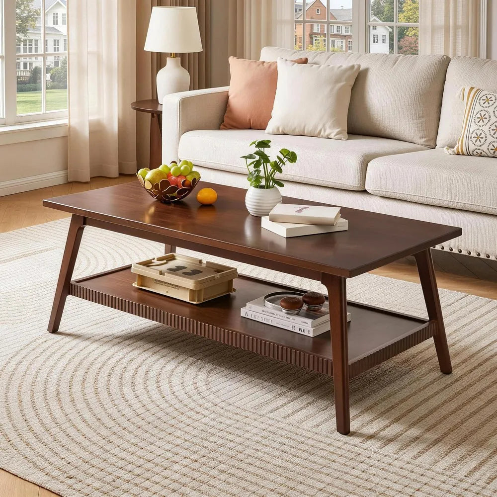 Solid Wood Coffee Table, Rectangular Living Room Coffee Table with Lower Storage Shelf, Wooden Center Cocktail Table for Home, A