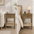 Antique Grey Ainsley Nightstand Side End Table with Rounded Edge Tabletop, Solid Wood Round Legs, Woven Jute Storage Shelf & Dra