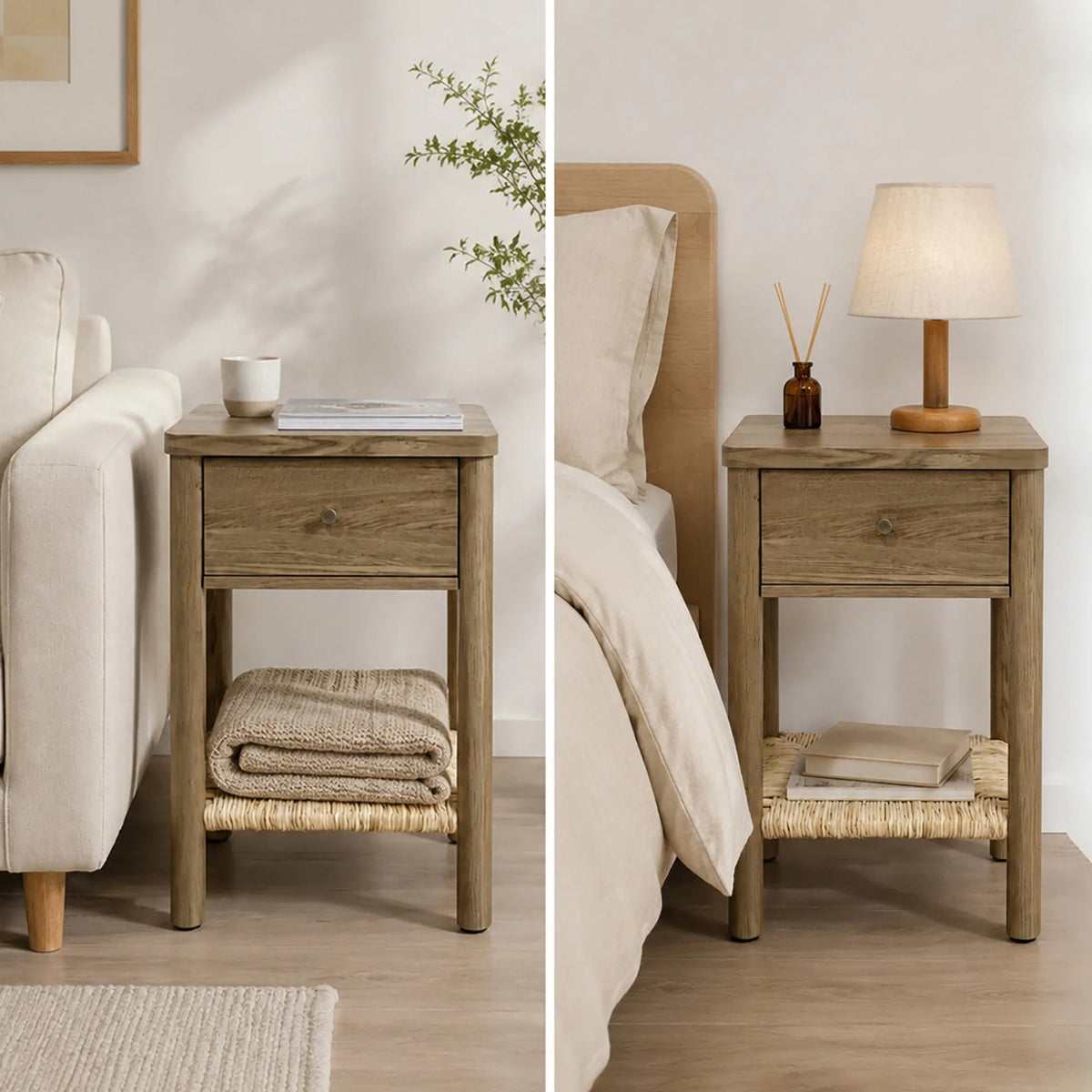 Antique Grey Ainsley Nightstand Side End Table with Rounded Edge Tabletop, Solid Wood Round Legs, Woven Jute Storage Shelf & Dra