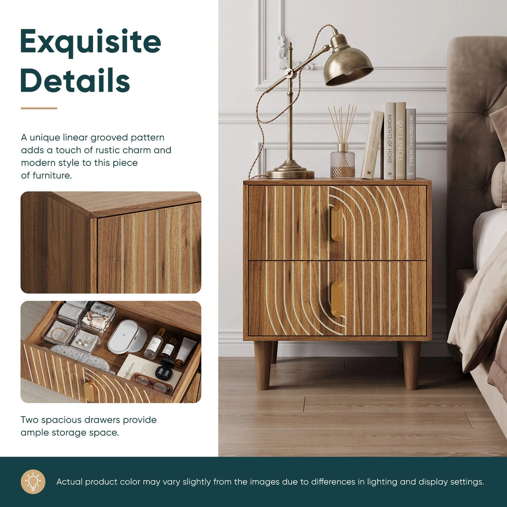 Medieval-style modern bedside table with double drawers for storage and solid wood legs; bedroom side table, bedside storage cab