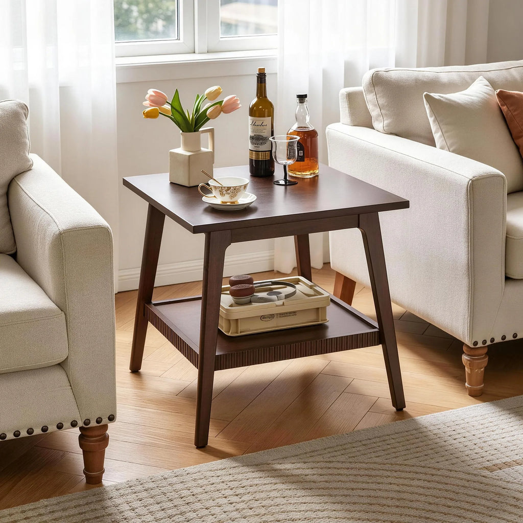 Solid Wood End Table, 2 Tier Square Side Table with Storage Shelf, Modern Nightstand Accent Table for Living Room, Sofa Couch Si