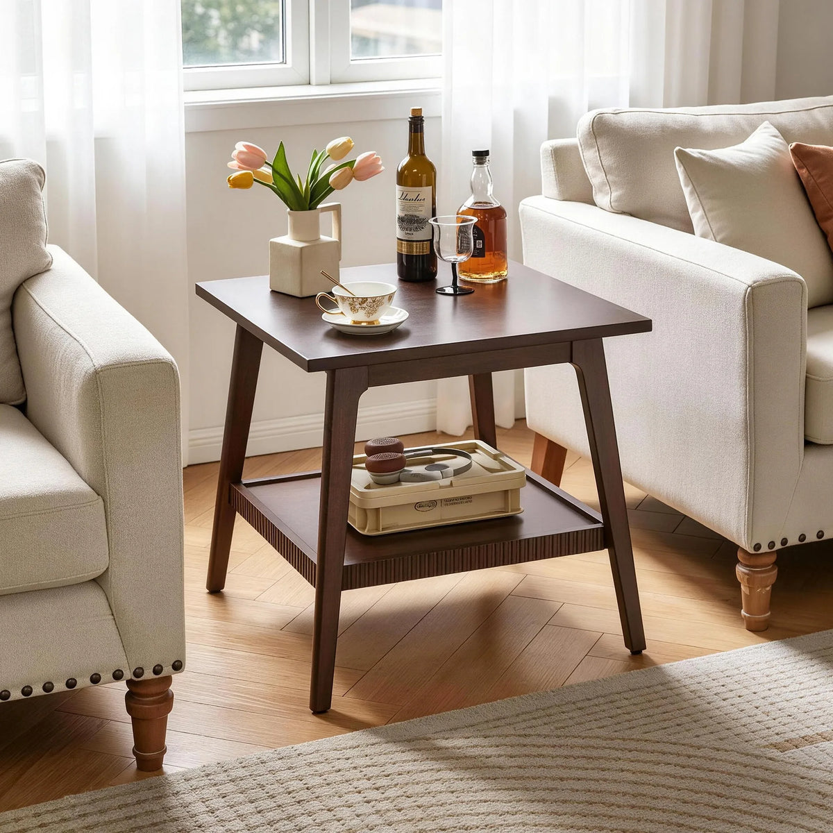 Solid Wood End Table, 2 Tier Square Side Table with Storage Shelf, Modern Nightstand Accent Table for Living Room, Sofa Couch Si